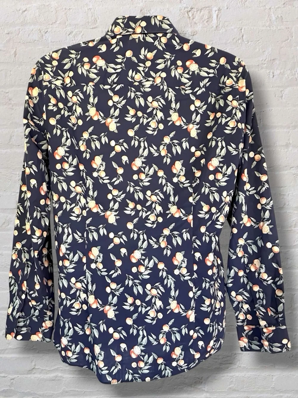Bar III Mens M 15-15.5 Navy Orange Citrus Print Slim Fit Stretch Dress Shirt